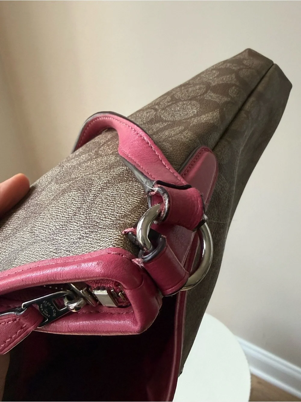 Coach Signature File Crossbody Bag – Khaki/Brown Signature Canvas w/ pink trim
